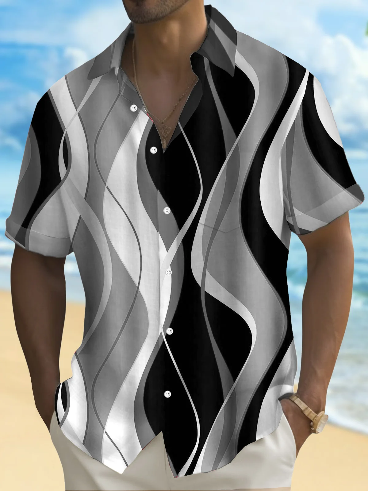 Royaura® Retro Abstract Gradient Art Print Men's Button Pocket Short Sleeve Shirt Big & Tall