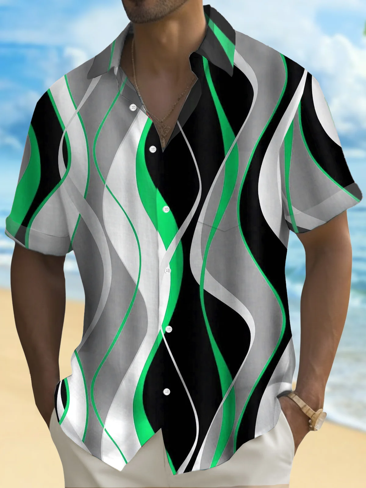 Royaura® Retro Abstract Gradient Art Print Men's Button Pocket Short Sleeve Shirt Big & Tall