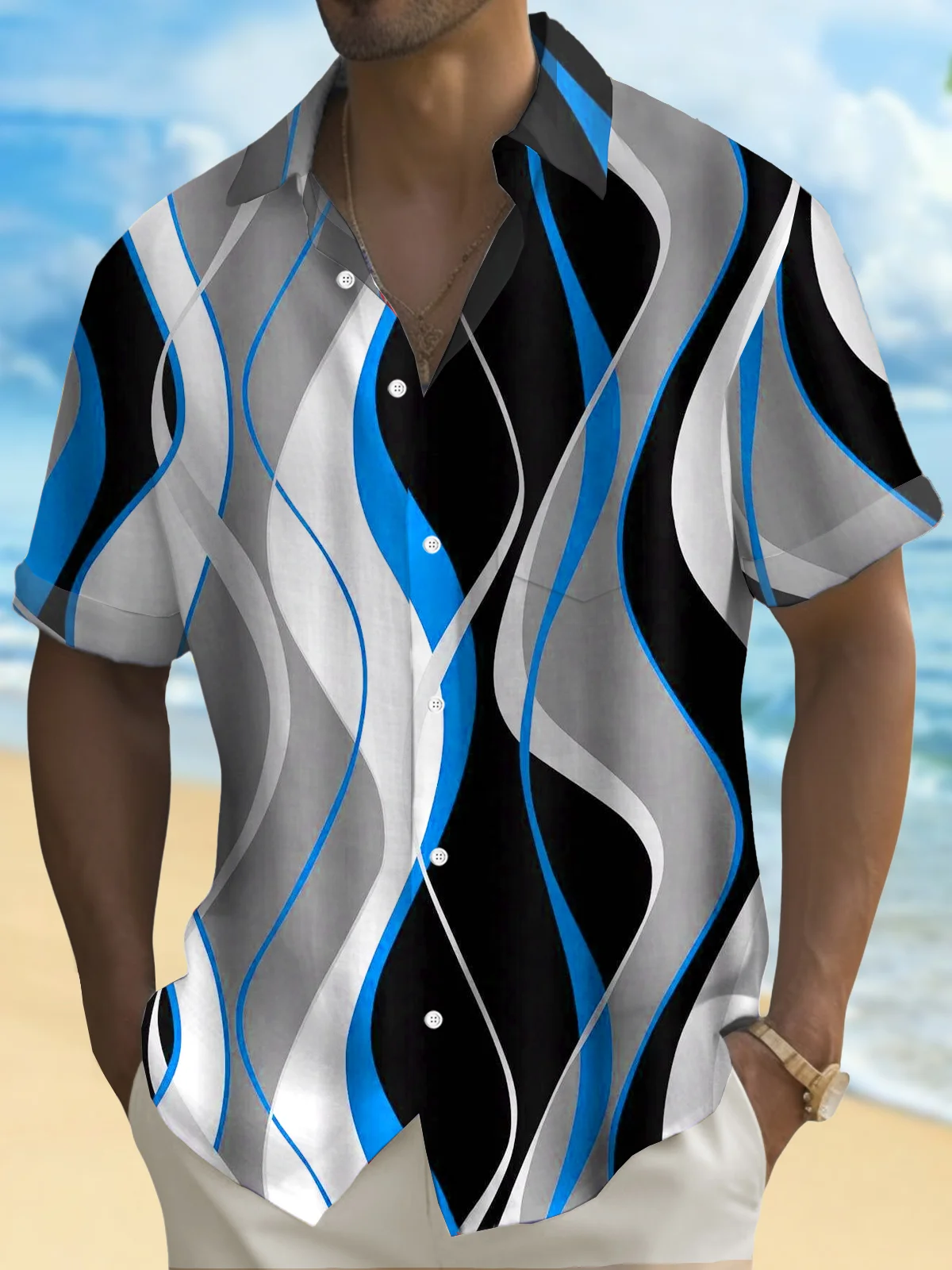 Royaura® Retro Abstract Gradient Art Print Men's Button Pocket Short Sleeve Shirt Big & Tall