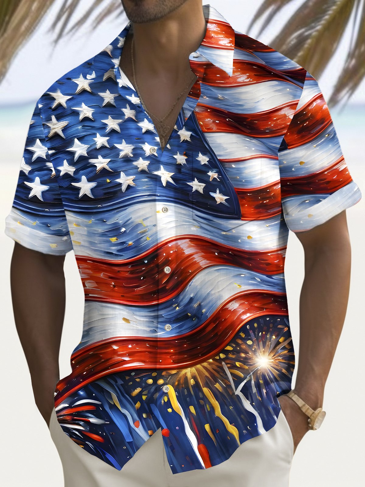 Royaura® Vintage Flag Art Print Men's Button Pocket Hawaiian Shirt Big Tall