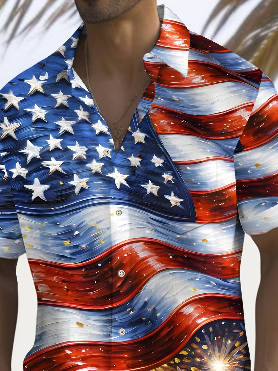 Royaura® Vintage Flag Art Print Men's Button Pocket Hawaiian Shirt Big Tall