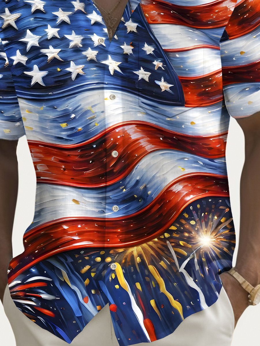 Royaura® Vintage Flag Art Print Men's Button Pocket Hawaiian Shirt Big Tall