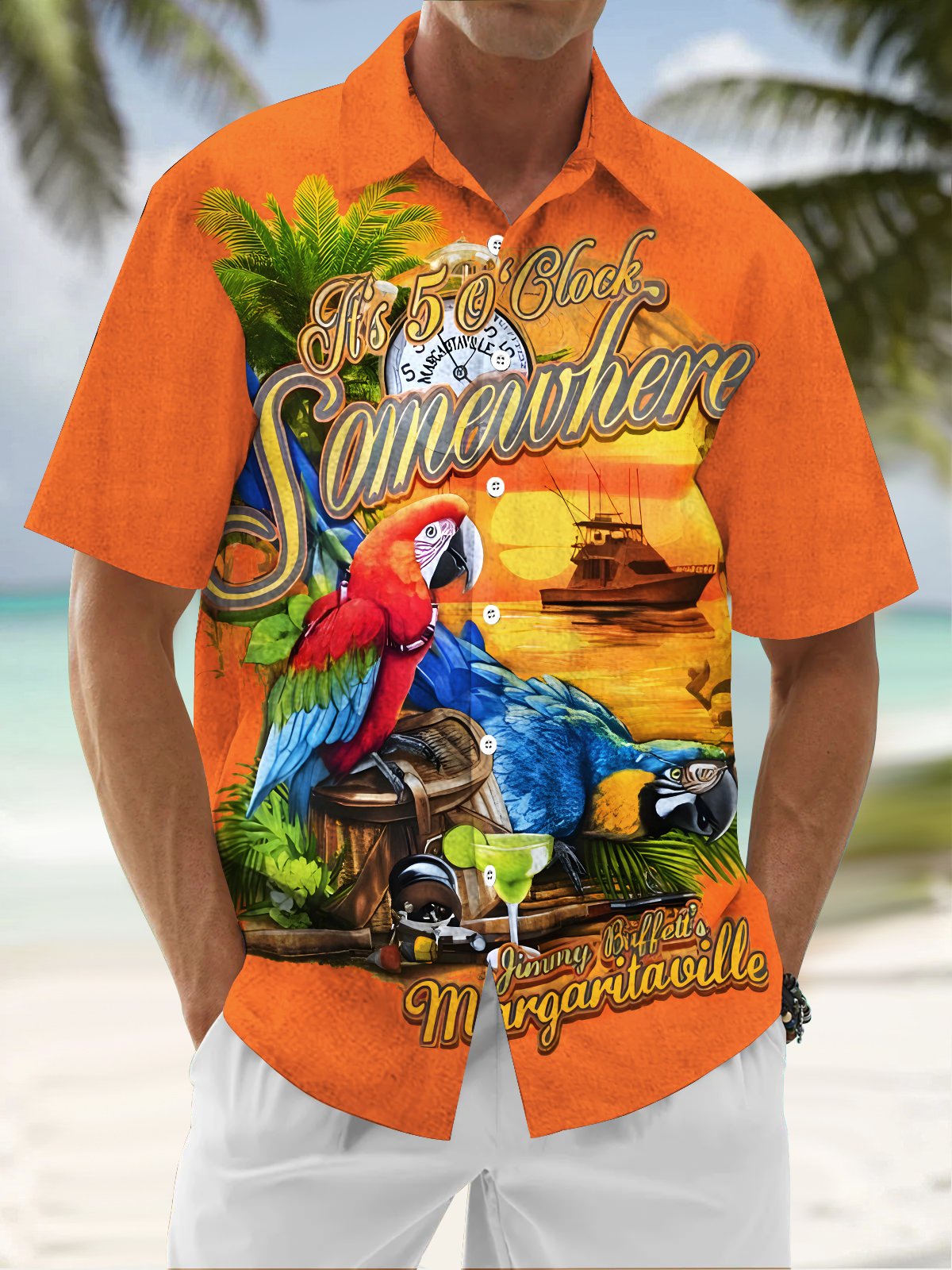 Royaura® Beach Sunset Men's Hawaiian Shirt Parrot Tropical Art Quick Dry Men's Pocket Camp Shirt Big Tall