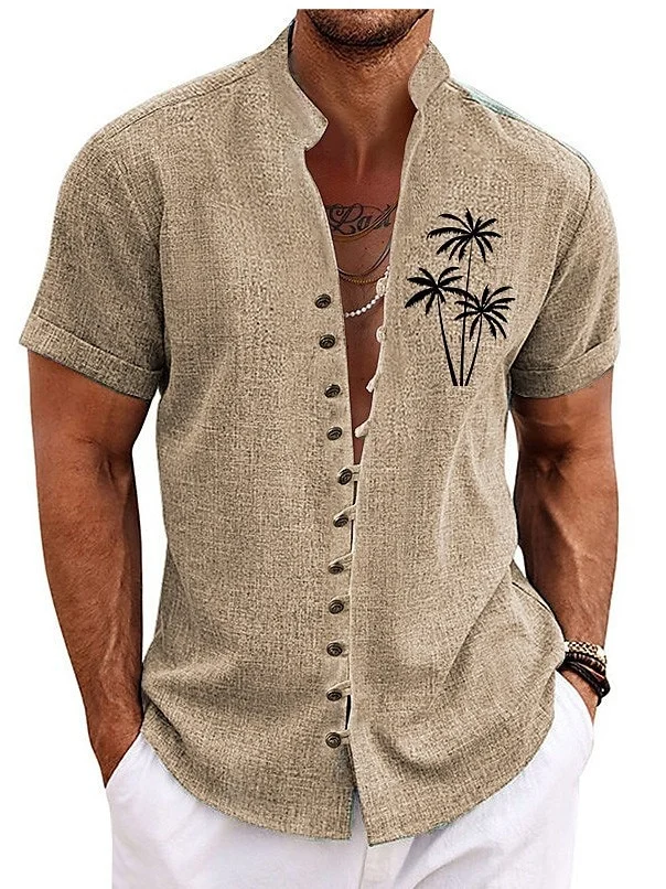 Royaura® Hawaiian Palm Tree Printed Shirt Men's Button Pocket Cotton Linen Short Sleeve Shirt Big & Tall