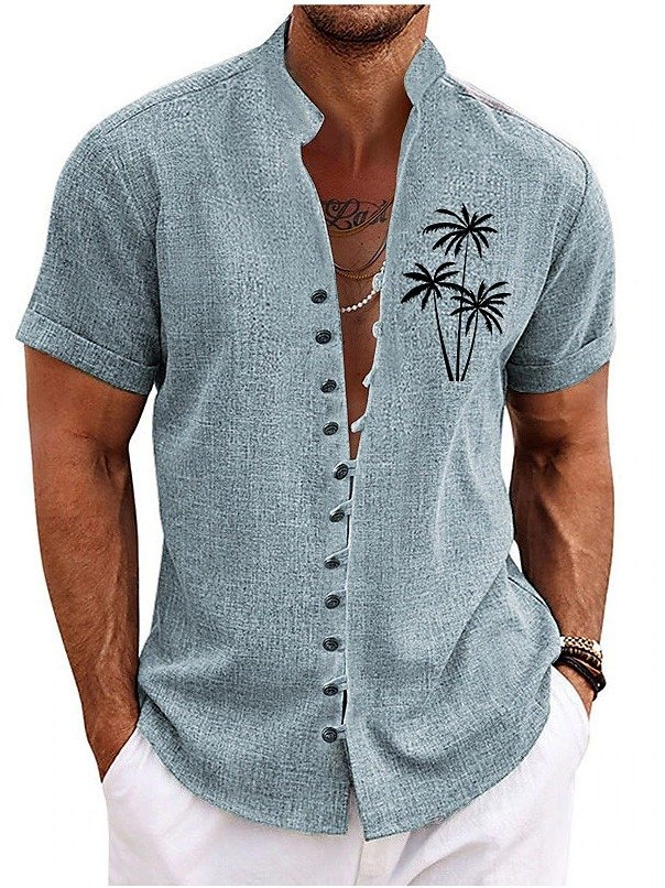Royaura® Hawaiian Palm Tree Printed Shirt Men's Button Pocket Cotton Linen Short Sleeve Shirt Big & Tall