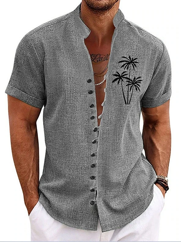 Royaura® Hawaiian Palm Tree Printed Shirt Men's Button Pocket Cotton Linen Short Sleeve Shirt Big & Tall