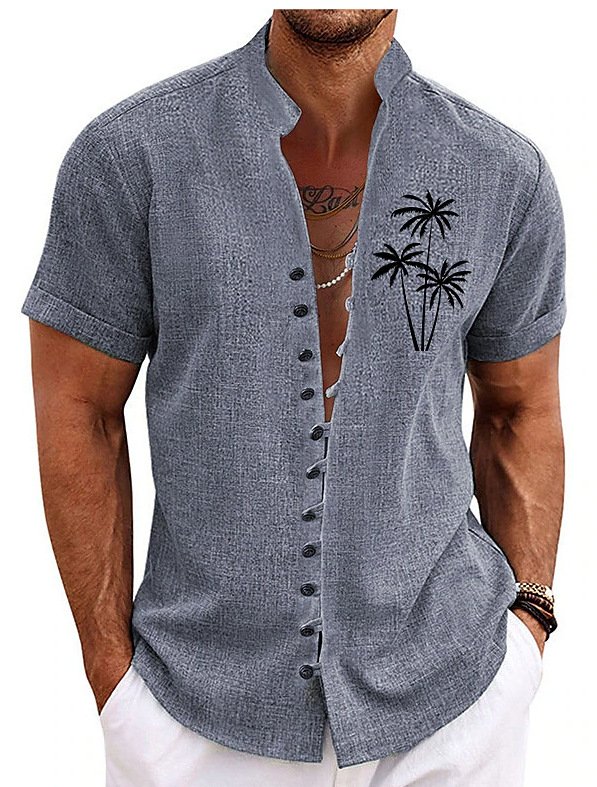 Royaura® Hawaiian Palm Tree Printed Shirt Men's Button Pocket Cotton Linen Short Sleeve Shirt Big & Tall