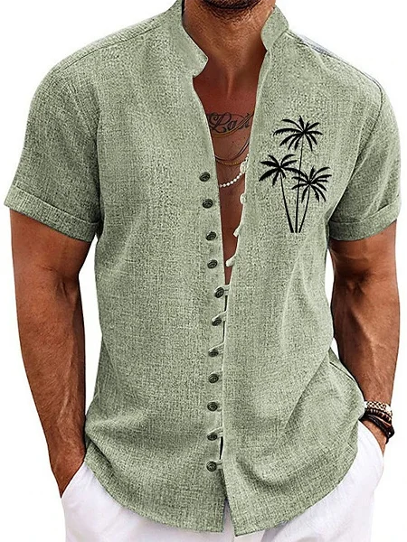 Royaura® Hawaiian Palm Tree Printed Shirt Men's Button Pocket Cotton Linen Short Sleeve Shirt Big & Tall