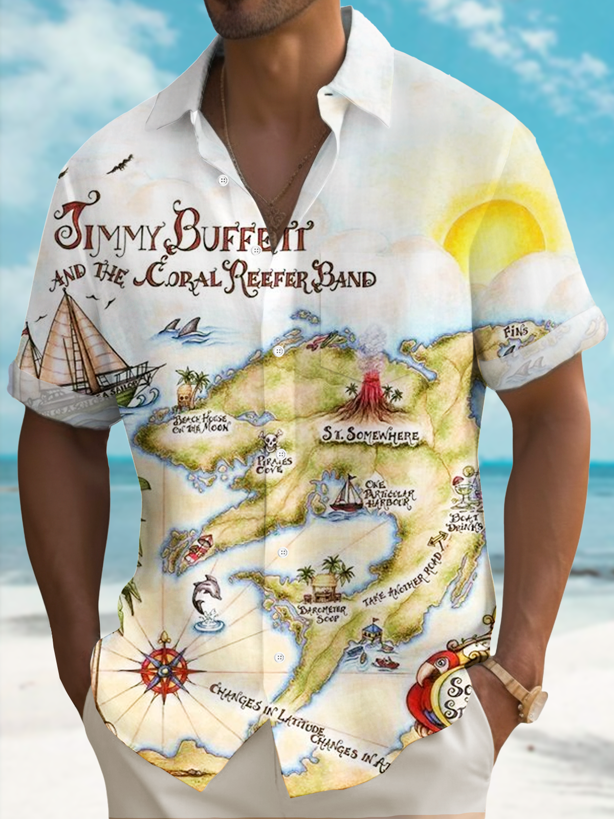 Royaura® Hawaiian Jimmy Buffett Margaritaville Parrot Cocktail Art Printed Shirt Men's Button Pocket Short Sleeve Shirt Big & Tall