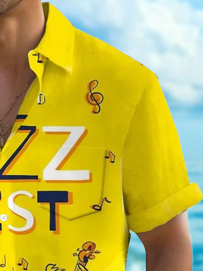 Royaura® Vintage Music Jazz Print Men's Button Pocket Short Sleeve Shirt Big & Tall