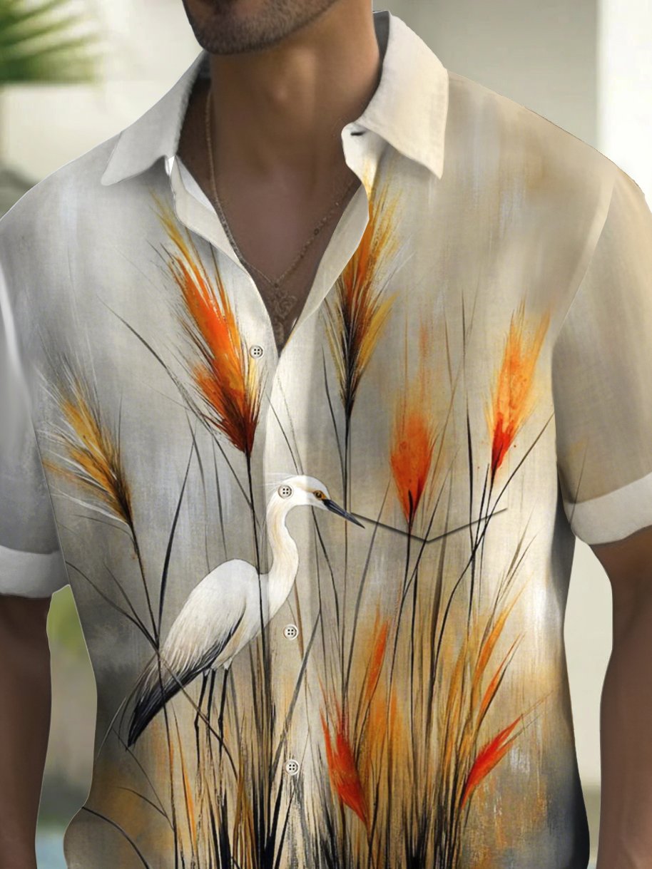 Royaura® Beach Resort Men's Hawaiian Shirt Crane Print Pocket Short Sleeve Shirt Big Tall