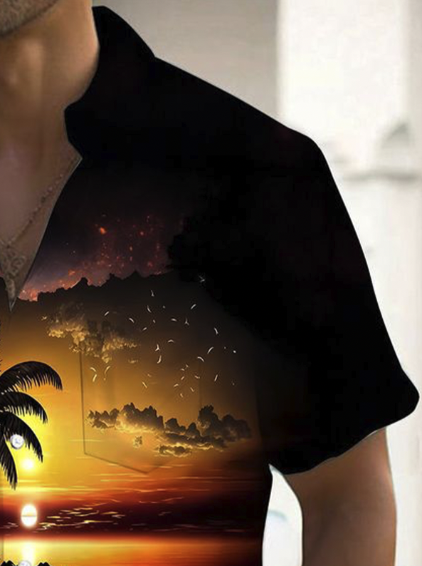 Royaura® Hawaiian Gradient Ocean Beach Art Print Men's Button Pocket Short Sleeve Shirt Big & Tall