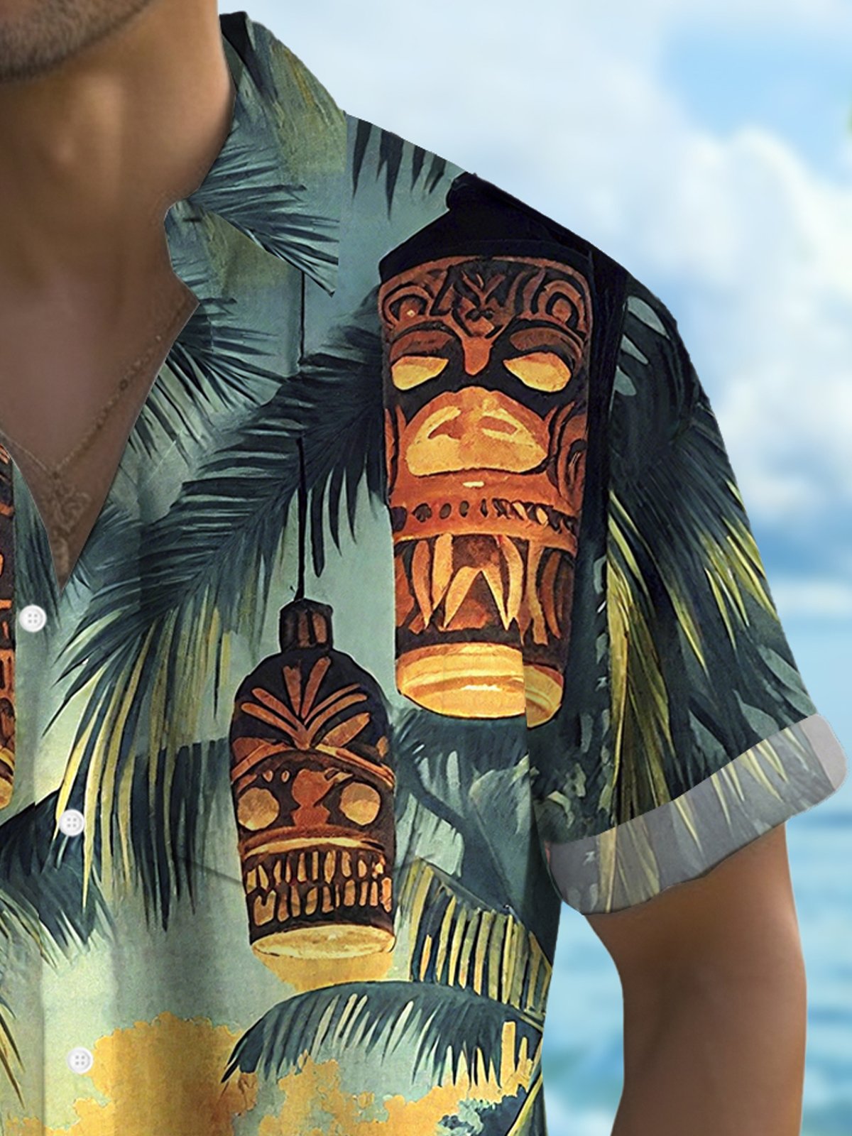 Royaura® Hawaiian TIKI Coconut Tree Print Men's Button Pocket Short Sleeve Shirt Big & Tall