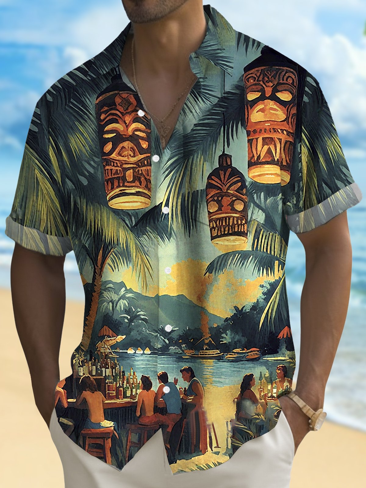 Royaura® Hawaiian TIKI Coconut Tree Print Men's Button Pocket Short Sleeve Shirt Big & Tall