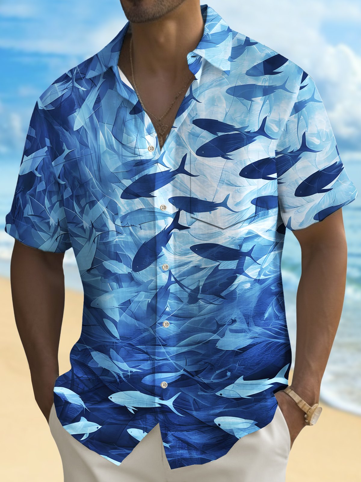 Royaura® Beach Resort Men's Hawaiian Shirt Fish Print Pocket Short Sleeve Shirt Big Tall