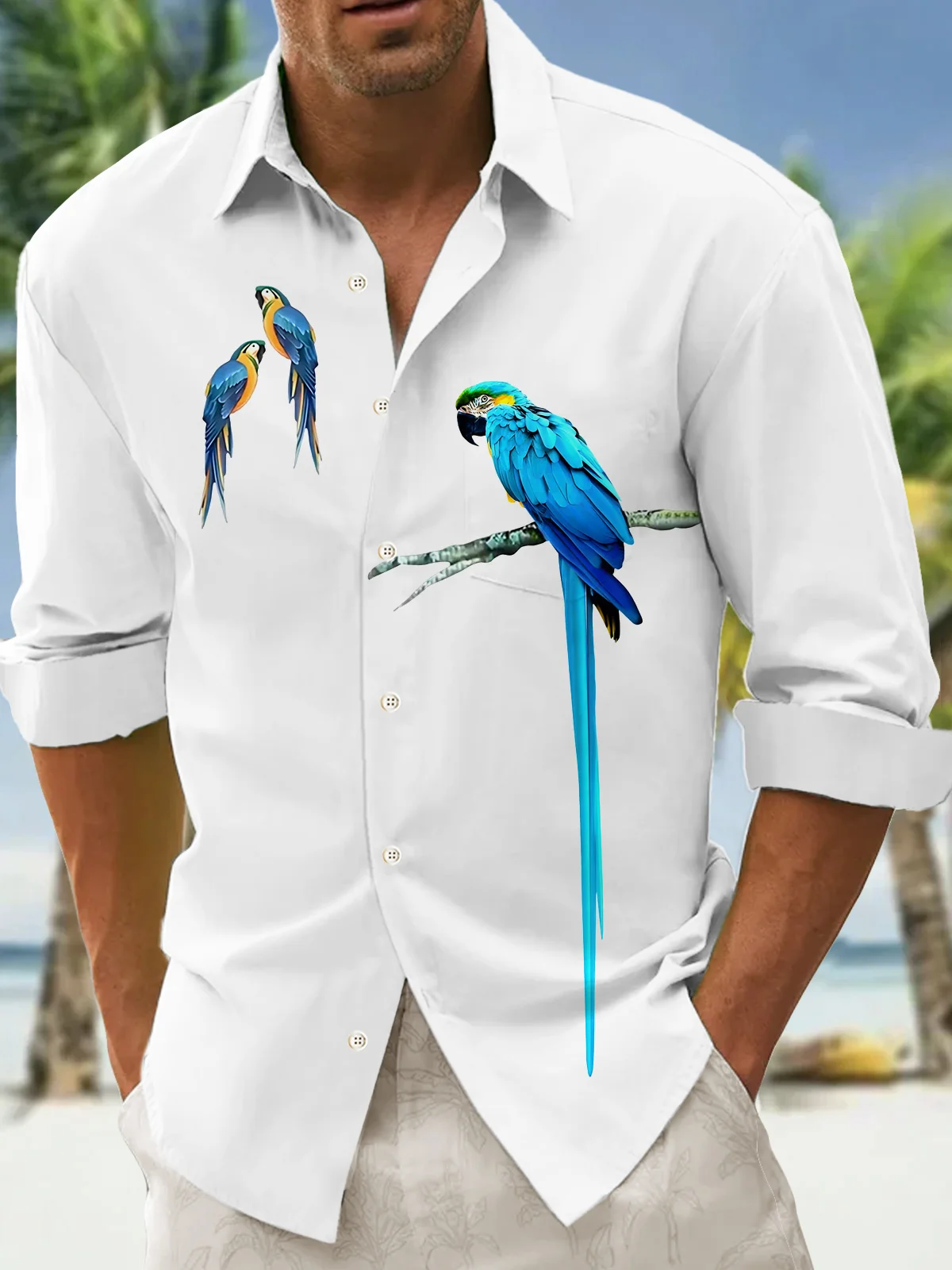 Royaura® Hawaiian Parrot Print Men's Button Pocket Long Sleeve Shirt Big & Tall