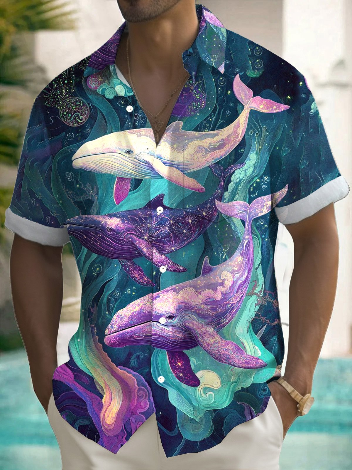 Royaura® Hawaiian Ocean Life Whale Print Men's Button Pocket Short Sleeve Shirt Big & Tall
