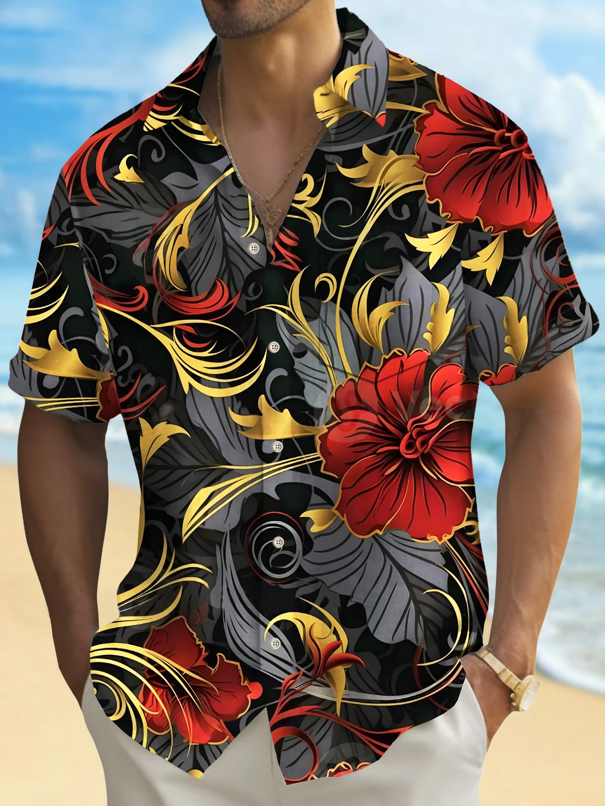 Royaura® Beach Resort Men's Hawaiian Shirt Flowers Print Pocket Short Sleeve Shirt Big Tall