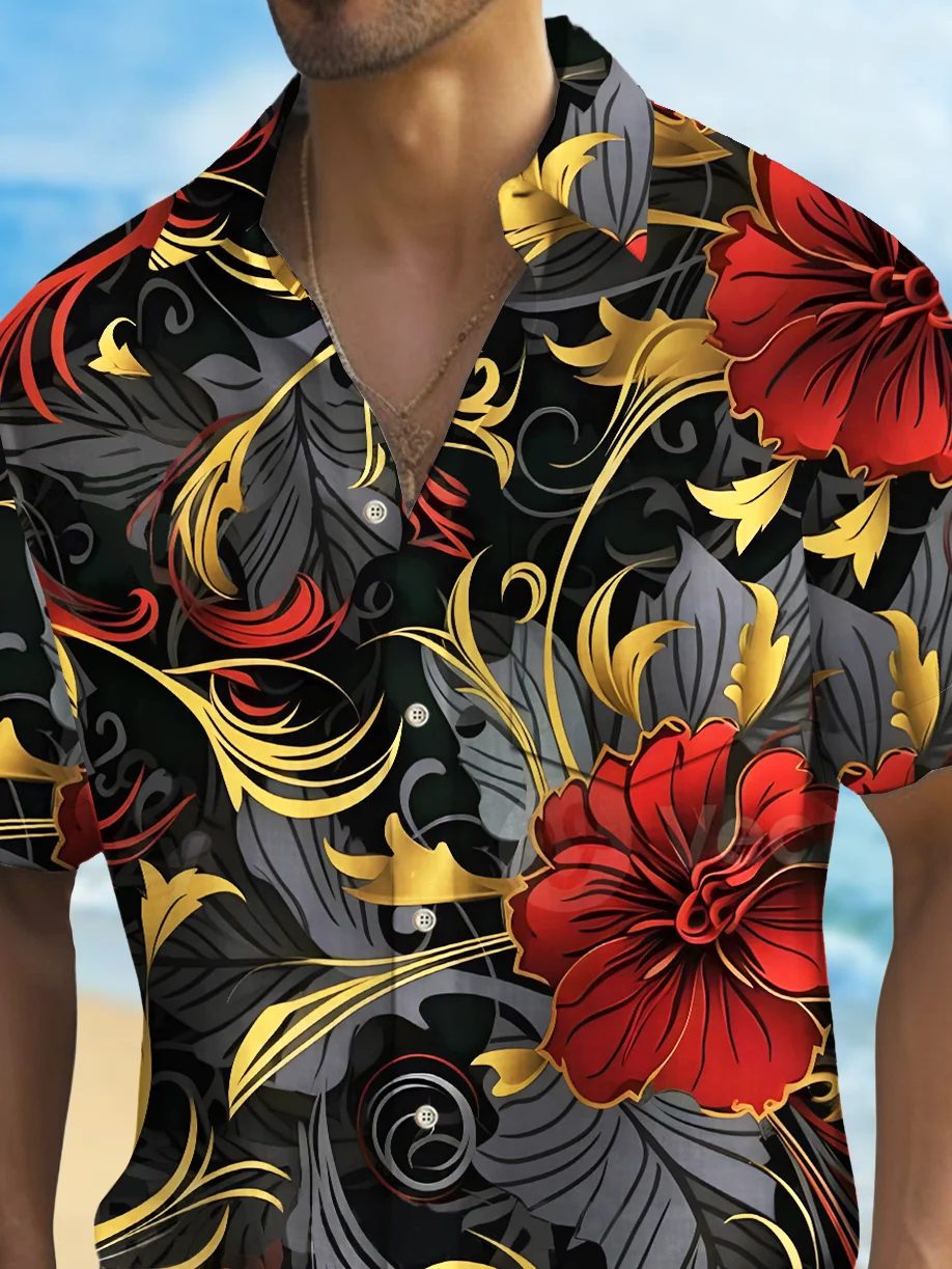 Royaura® Beach Resort Men's Hawaiian Shirt Flowers Print Pocket Short Sleeve Shirt Big Tall