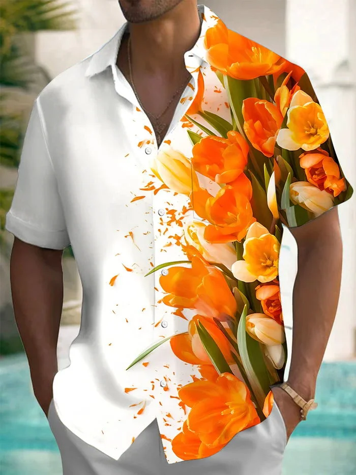 Royaura® Beach Resort Men's Hawaiian Shirt Flowers Print Pocket Short Sleeve Shirt Big Tall