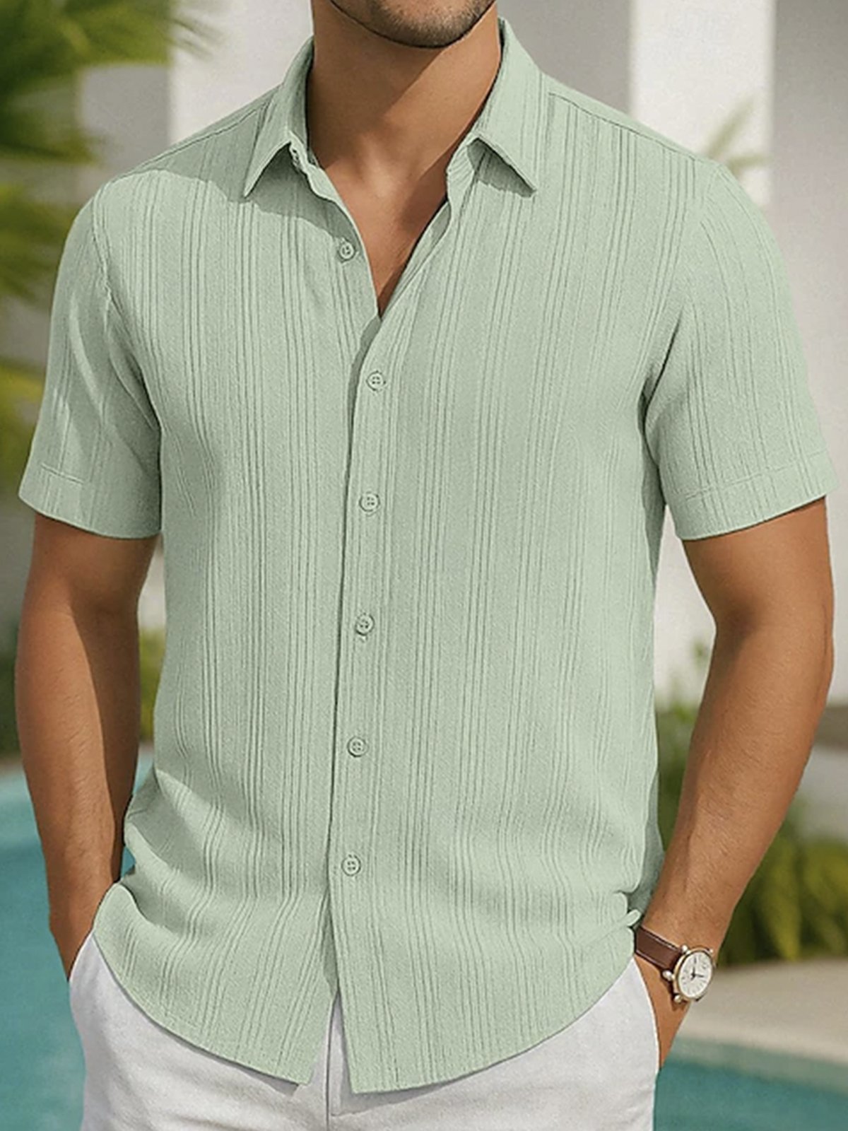 Royaura® Plain Basic Solid Color Striped Men's Button Short Sleeve Shirt Big & Tall