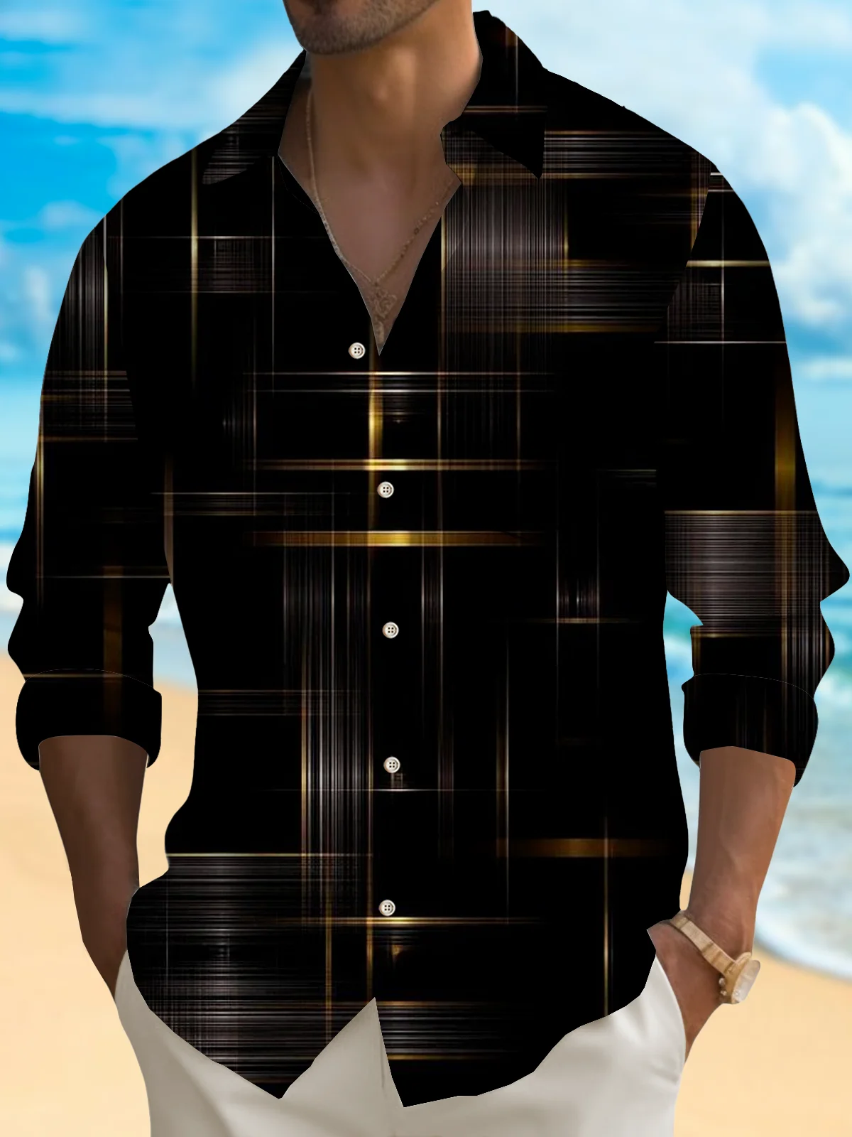 Royaura® Vintage Geometric Art Print Men's Button Pocket Long Sleeve Shirt Big & Tall