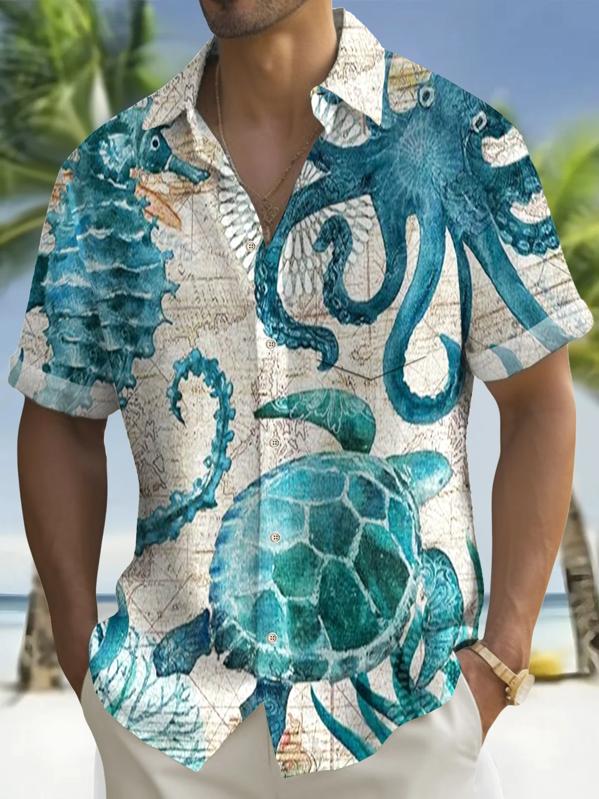Royaura® Beach Resort Men's Hawaiian Shirt Sea Animals Print Pocket Short Sleeve Shirt Big Tall
