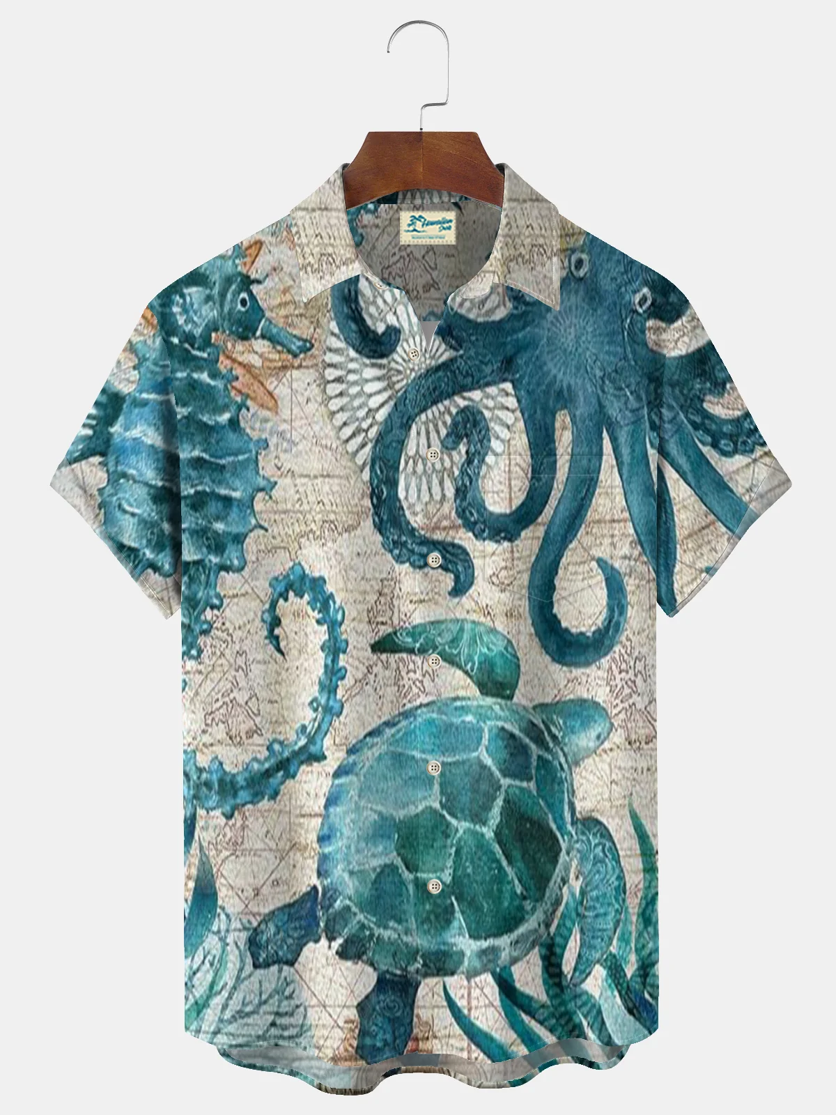 Royaura® Beach Resort Men's Hawaiian Shirt Sea Animals Print Pocket Short Sleeve Shirt Big Tall
