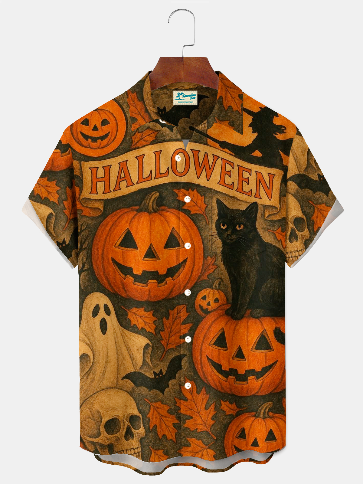 Royaura® Halloween Night Holiday Pumpkin Art Print Men's Button Pocket Short Sleeve Shirt Big & Tall