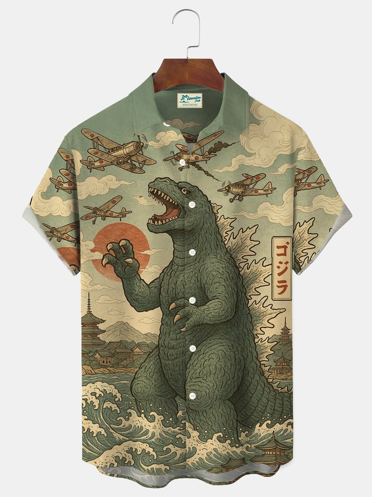 Royaura® Retro Ukiyoe Japanese Godzilla Aircraft War Print Men's Button Pocket Short Sleeve Lapel Shirt Big & Tall