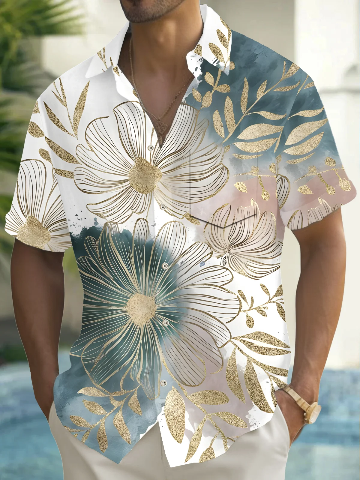 Royaura® Beach Vacation Men's Casual Stylish Hawaiian Shirt Summer Shirts Plants Flowers Print Pocket Short Sleeve Sleeve Shirt Big Tall