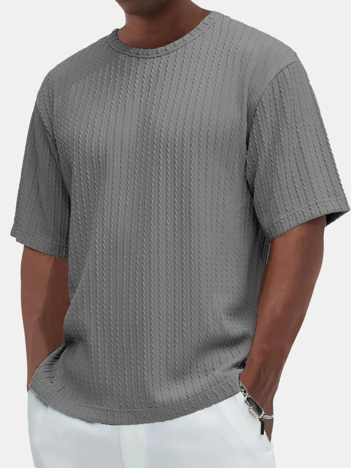 Royaura® Basic Solid Color Print Men's Button Textured Short Sleeve T-Shirt Big & Tall