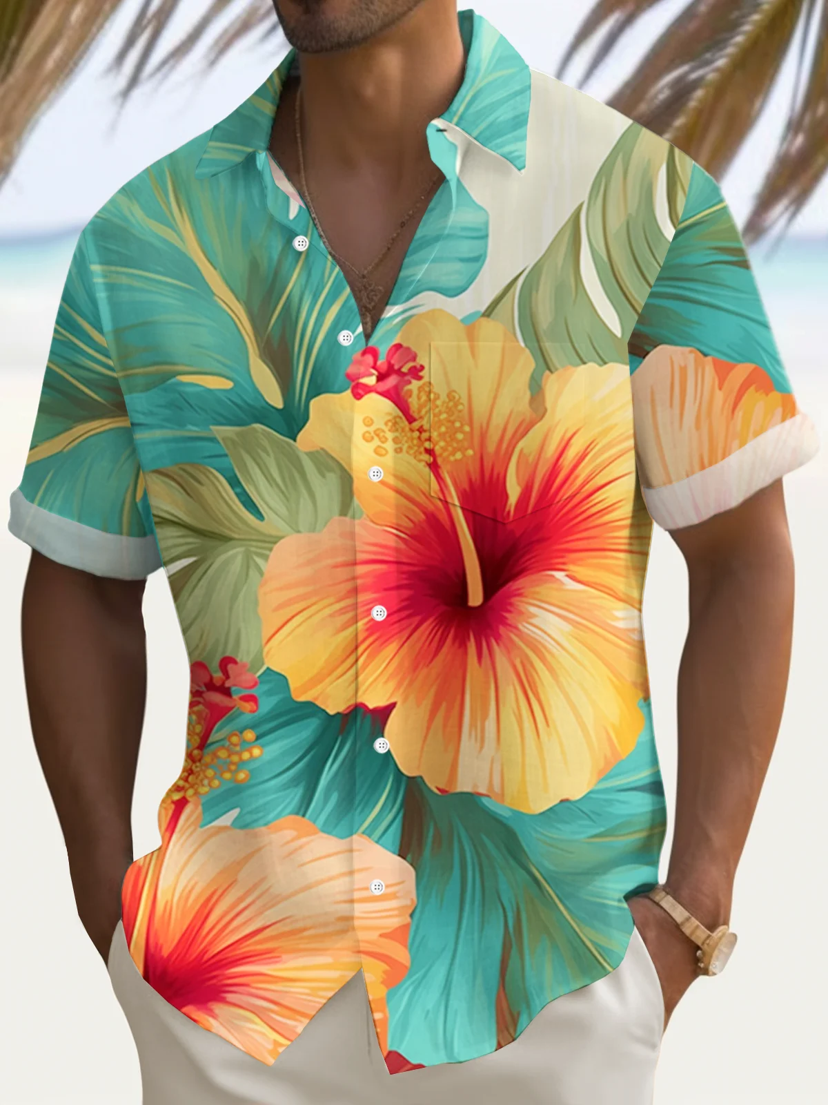 Royaura® Hawaiian Floral Leaf Art Print Men's Button Pocket Short Sleeve Shirt Big & Tall