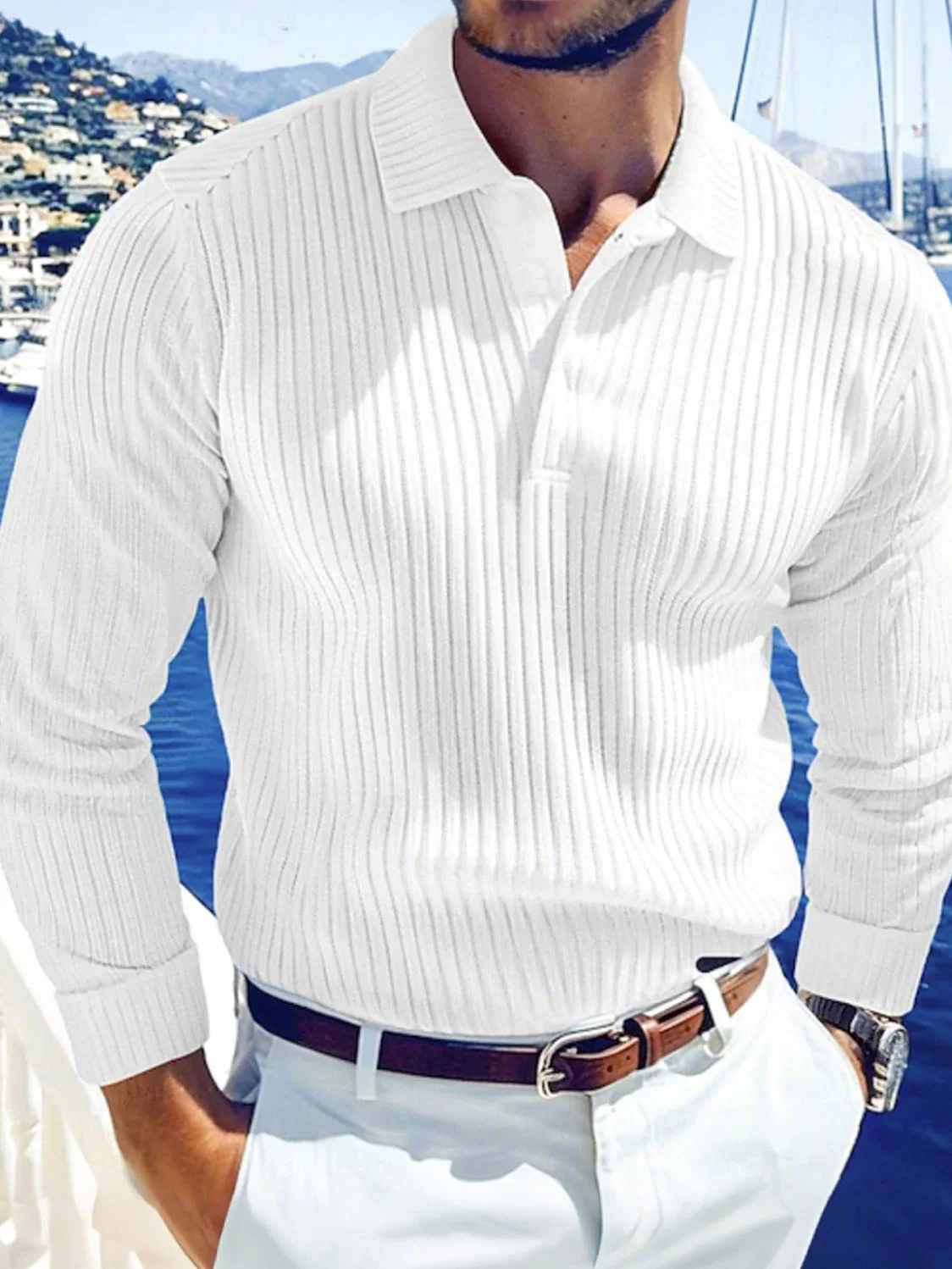 Royaura® Men's Striped Long Sleeve Button-Down Polo Shirt Big & Tall