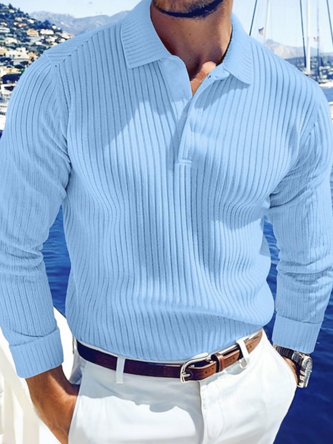 Royaura® Men's Striped Long Sleeve Button-Down Polo Shirt Big & Tall