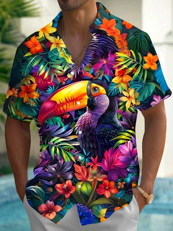 Royaura® Hawaiian Toucan Tropical Floral Print Men's Button Pocket Short Sleeve Shirt Big & Tall