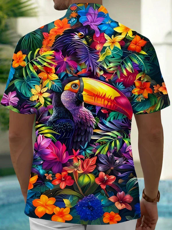 Royaura® Hawaiian Toucan Tropical Floral Print Men's Button Pocket Short Sleeve Shirt Big & Tall