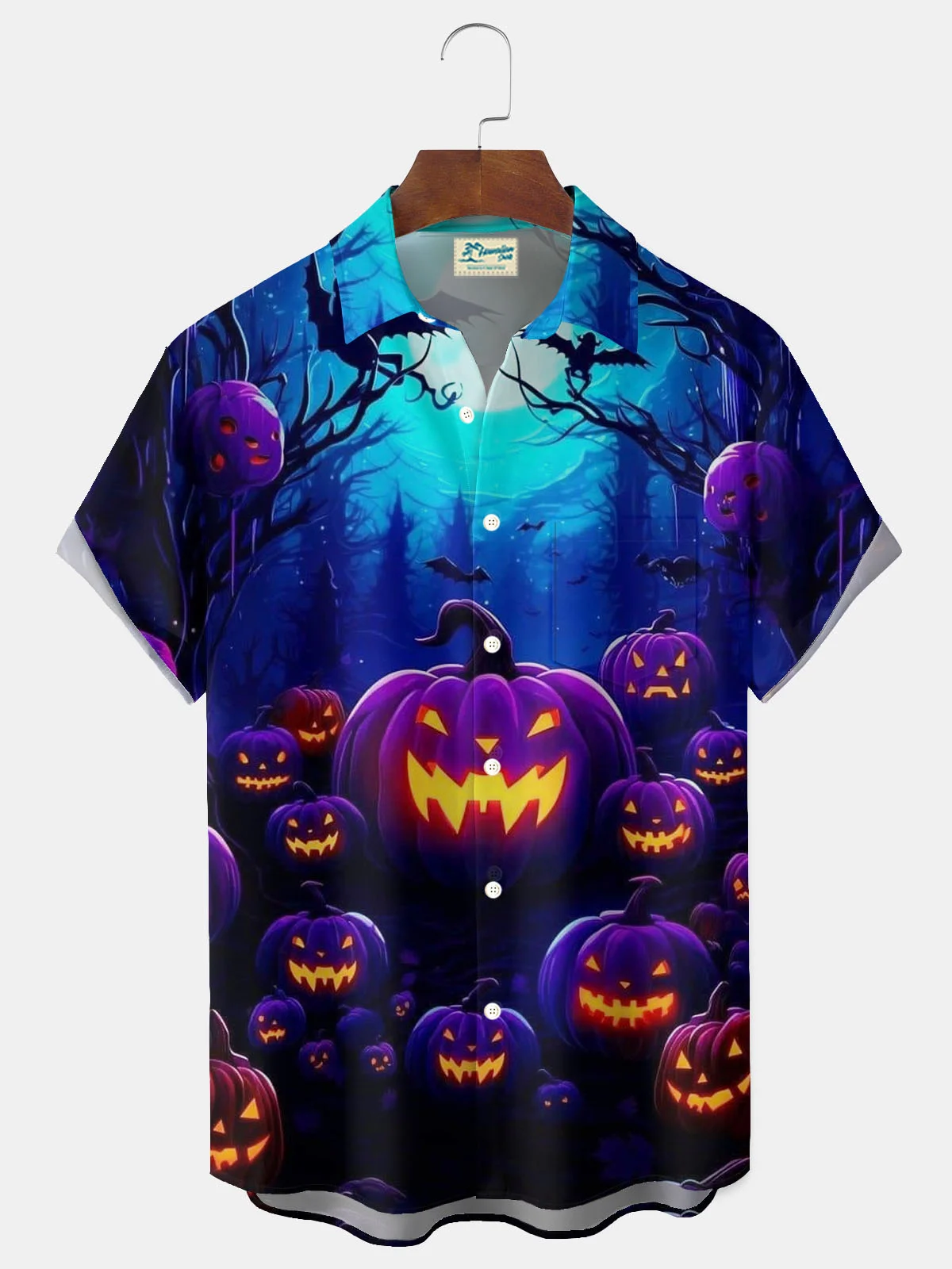 Royaura® Halloween Pumpkin Bat Print Men's Button Pocket Short Sleeve Shirt Big & Tall