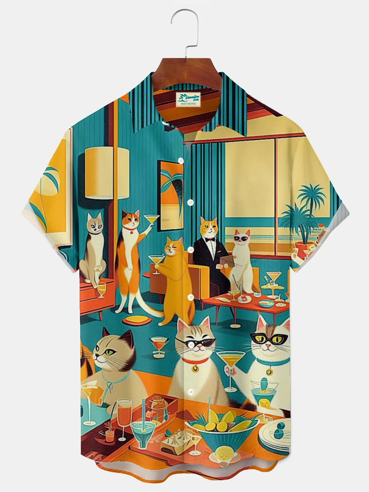 Royaura® Retro 1950s Mid-century Atomic Age Geometric Cat Graphic Print Men's Button Pocket Short Sleeve Shirt Big & Tall