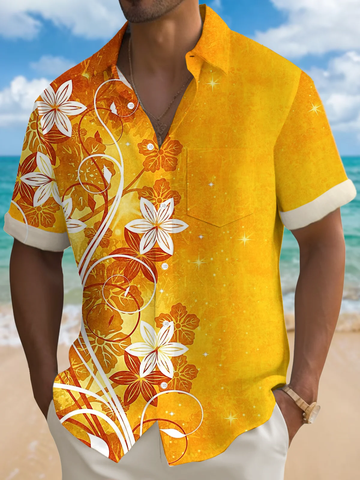 Royaura® Hawaiian Floral Art Print Men's Button Pocket Short Sleeve Shirt Big & Tall