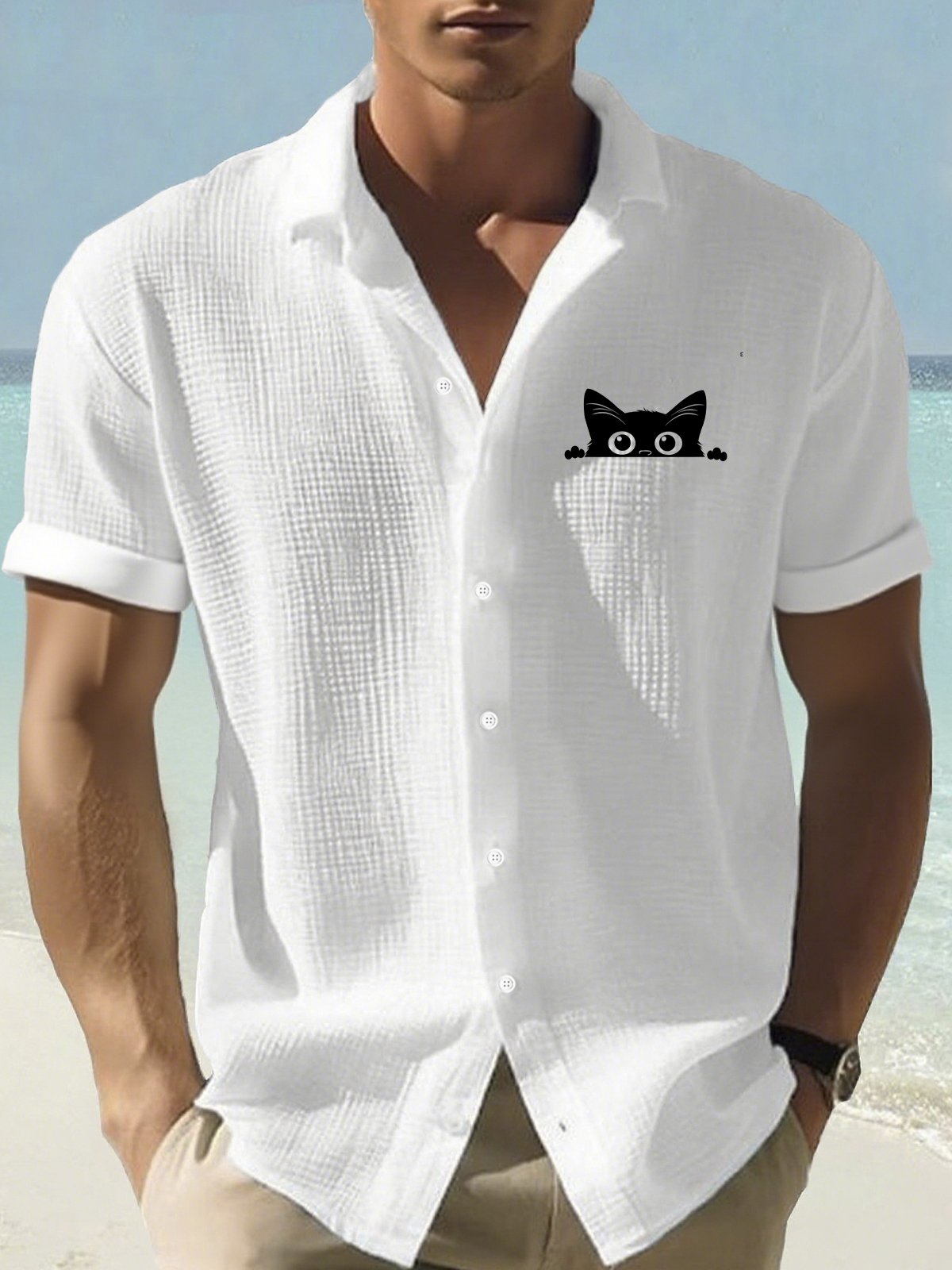 Royaura® Halloween Fun Cat Seersucker Print Men's Button Pocket Short Sleeve Shirt Big & Tall