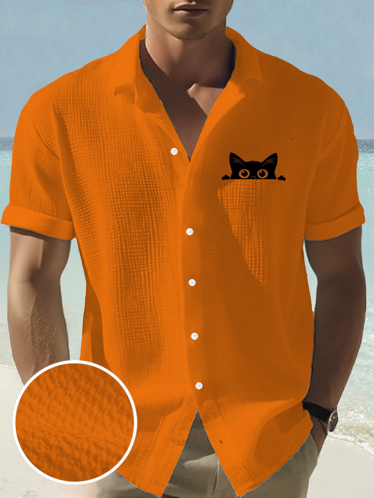 Royaura® Halloween Fun Cat Seersucker Print Men's Button Pocket Short Sleeve Shirt Big & Tall