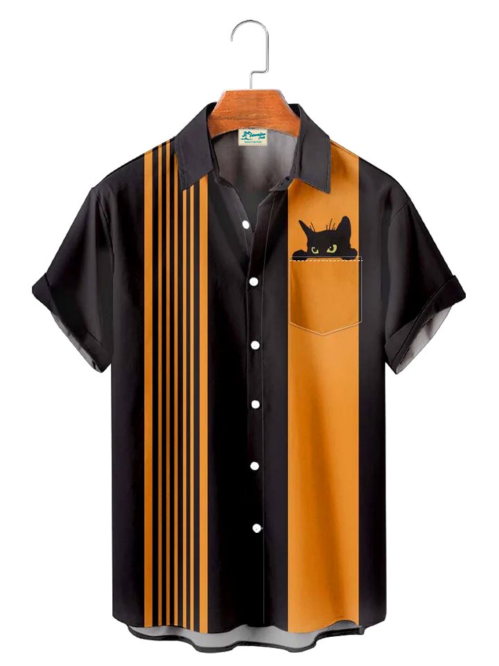 Royaura® Halloween Cat Stripe Bowling Print Men's Button Pocket Short Sleeve Shirt Big & Tall