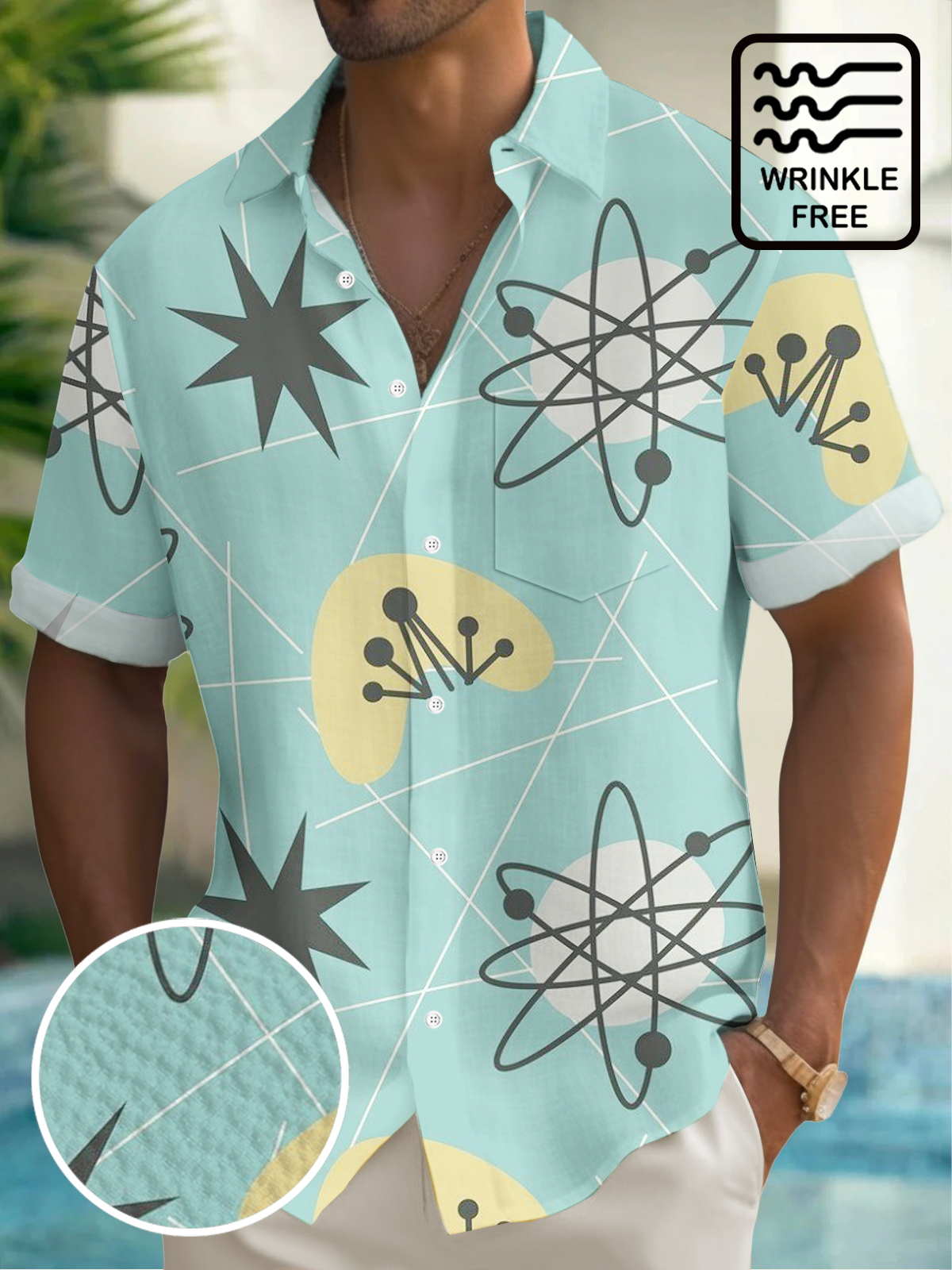 Royaura® Retro 1950s Mid-century Atomic Age Geometric Graphic Print Men's Seersucker Wrinkle Free Button Pocket Short Sleeve Shirt Big & Tall