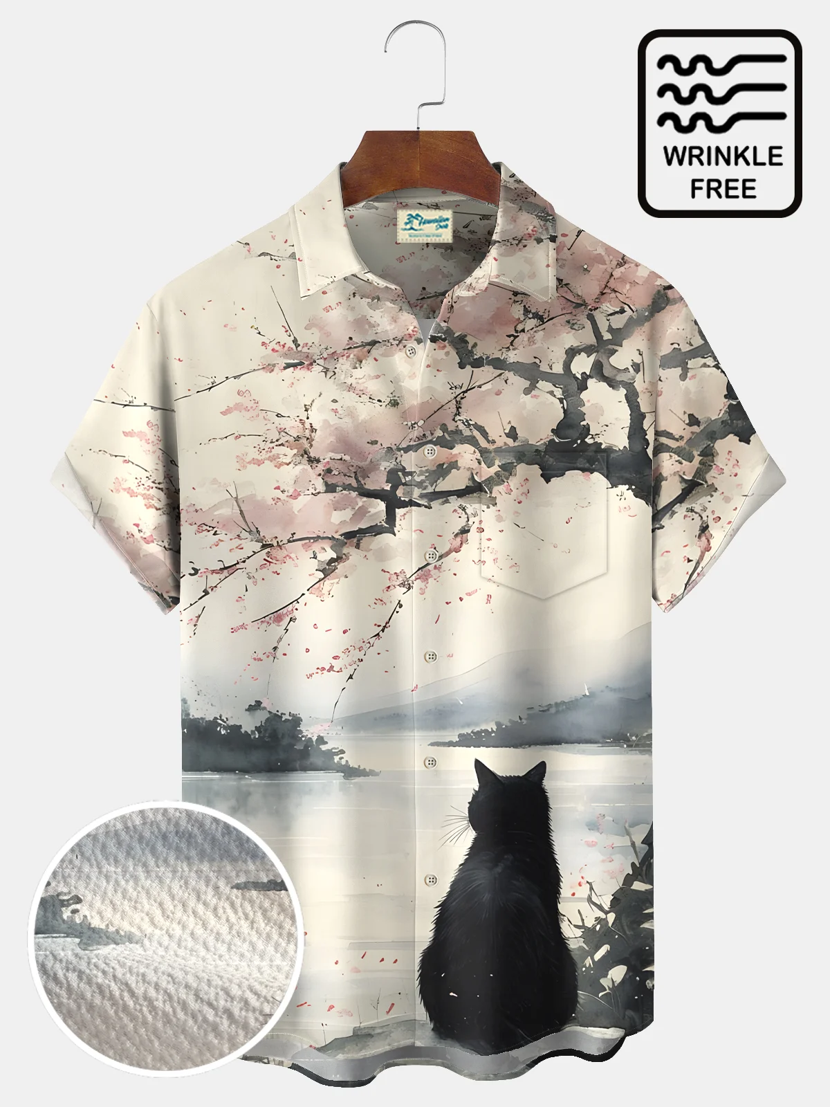 Royaura® Beach Vacation Men's Casual Stylish Cat Print Wrinkle Free Seersucker Hawaiian Summer Shirts Short Sleeve Shirt Big Tall
