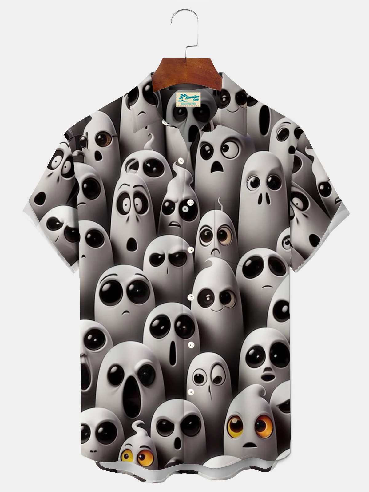 Royaura® Holiday Halloween Cute Cartoon Monster Print Men's Button Pocket Short Sleeve Shirt Big & Tall