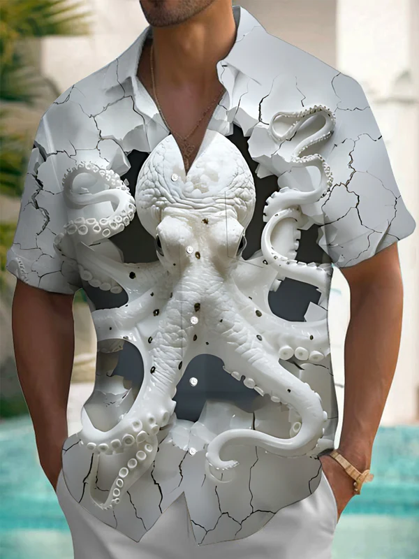 Royaura® Retro Abstract Octopus 3D Print Men's Button Pocket Short Sleeve Shirt Big & Tall