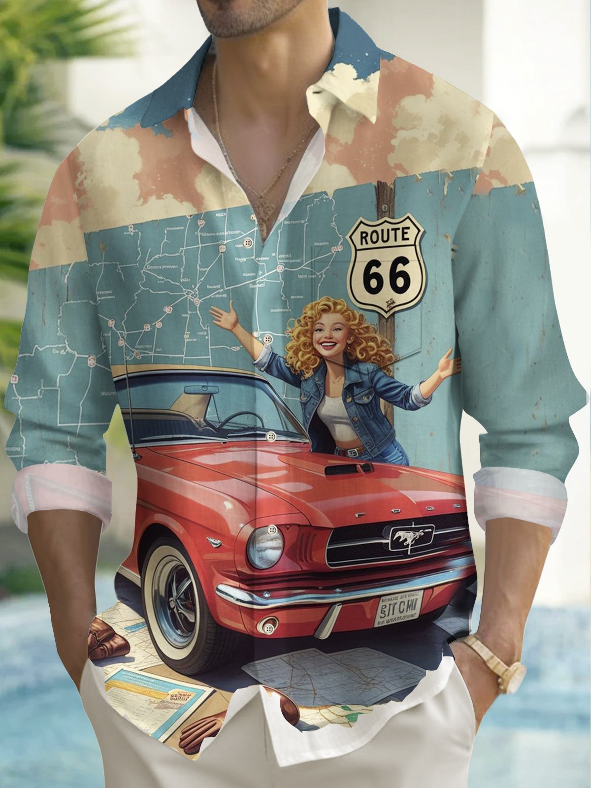 Royaura® Retro Road Print Men's Lapel Pocket Long Sleeve Shirt Big&Tall