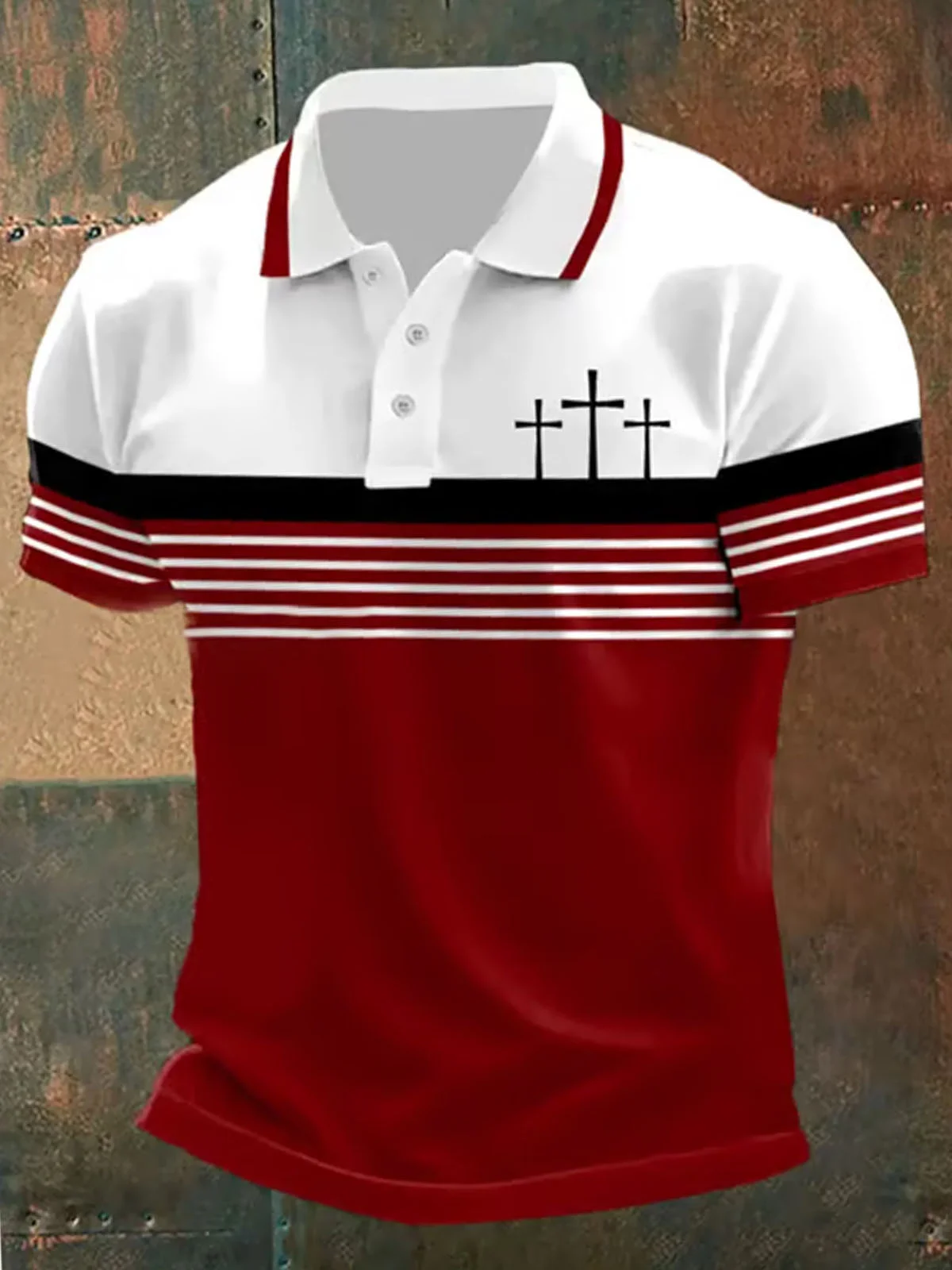 Royaura® Men's Retro Colorblock Striped Cross Print Button-Down Polo Shirt Big & Tall