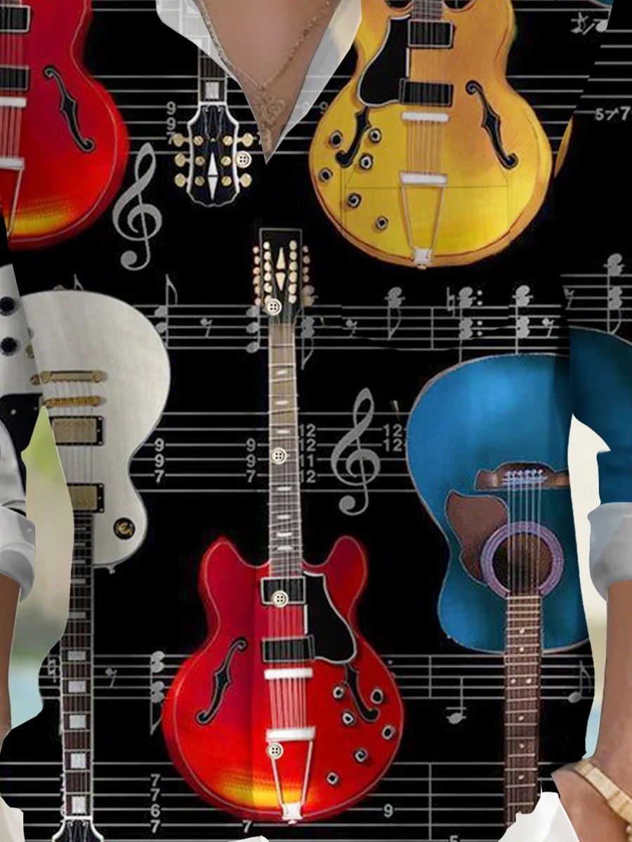 Royaura® Retro Guitar Music Print Men's Lapel Pocket Long Sleeve Shirt Big&Tall